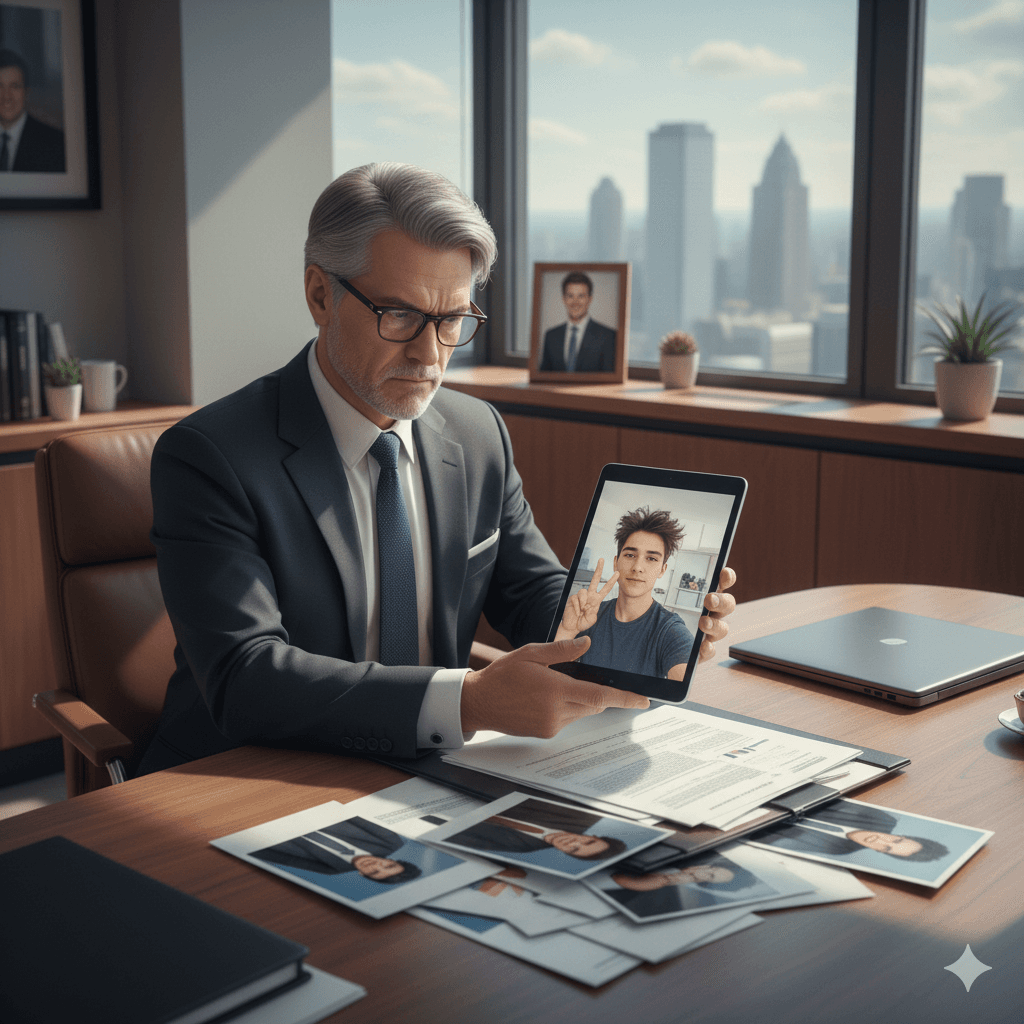 Older executive boss in a suit judging a casual employee selfie on a tablet in a corporate office setting